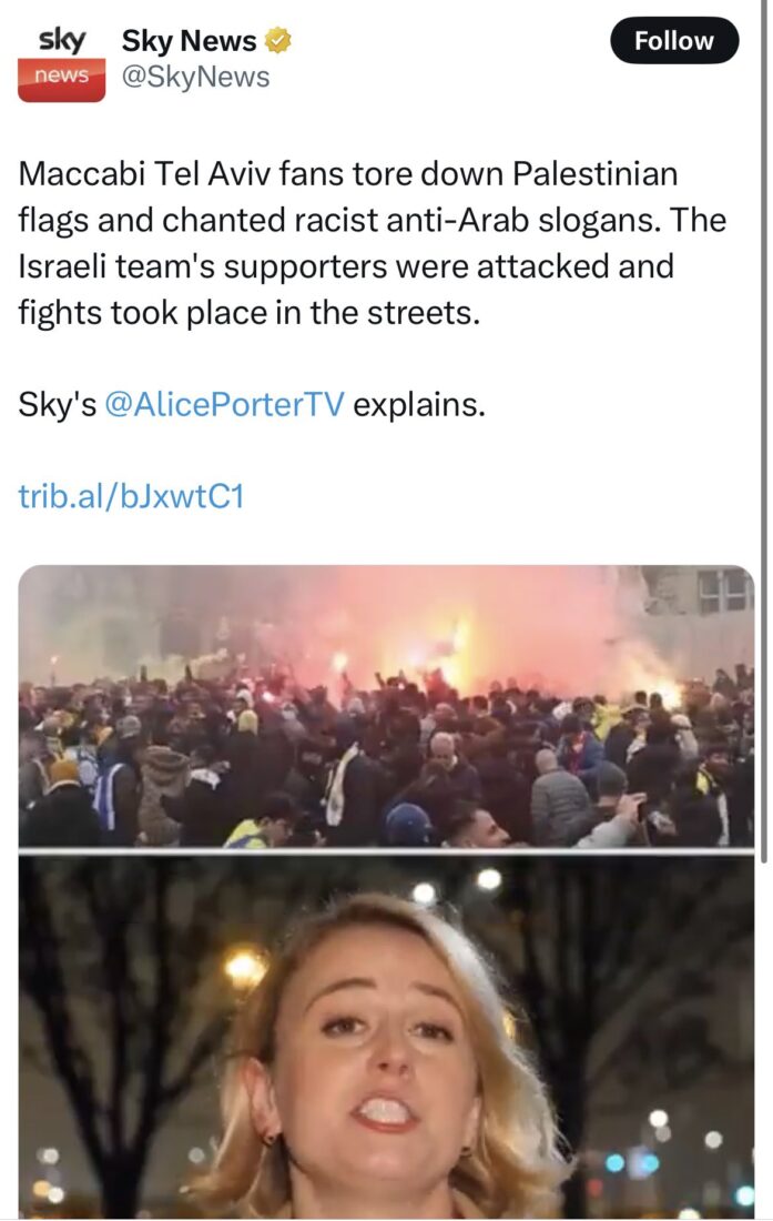 Sky News deletes footage of racist chants by Israeli fans ahead of Ajax-Maccabi Tel Aviv match