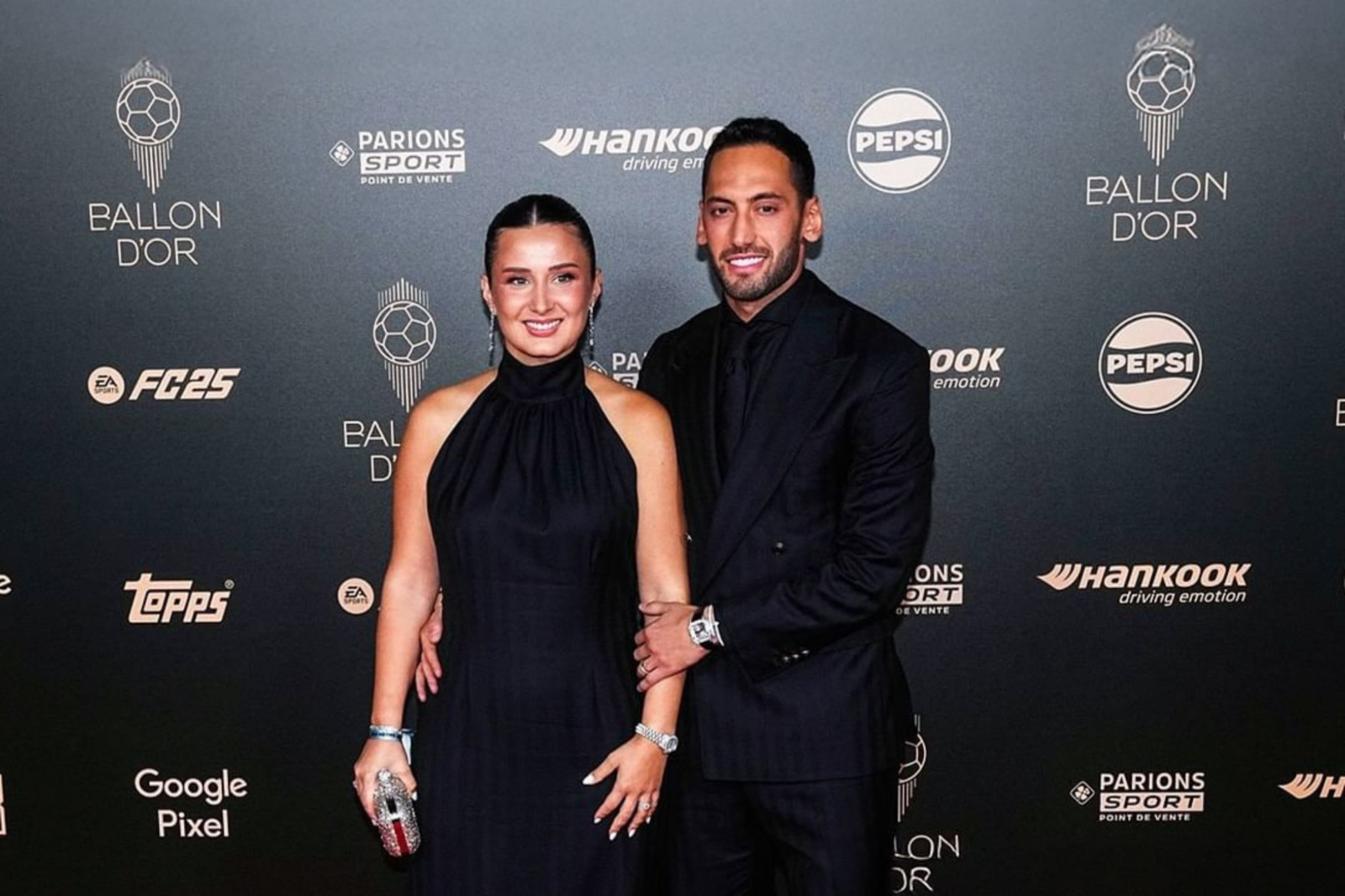 Hakan Calhanoglu attends the Ballon d'Or event with his wife Sinem at Théâtre du Châtelet in Paris