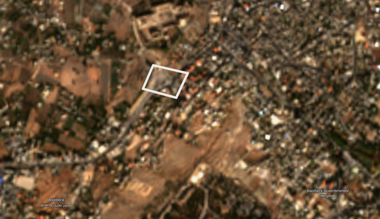 Satellite imagery shows damage and smoke after an Israeli airstrike targeting Ottoman heritage site of Menshieh in Baalbek, Lebanon, Nov. 10, 2024. (Sentinel Hub Image)