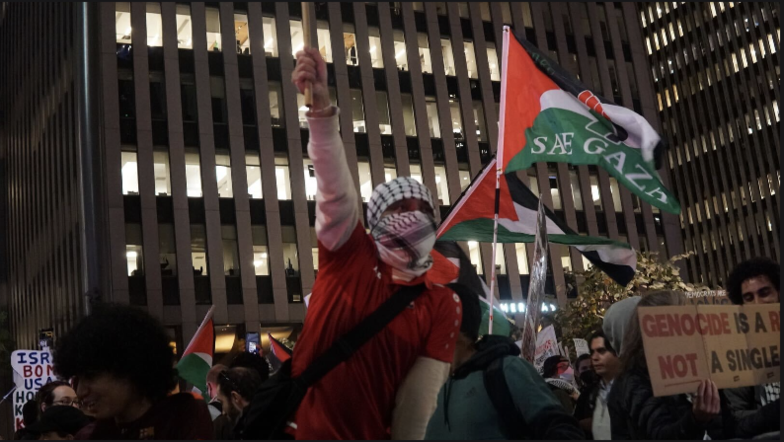 a man holding a Palestinian flag