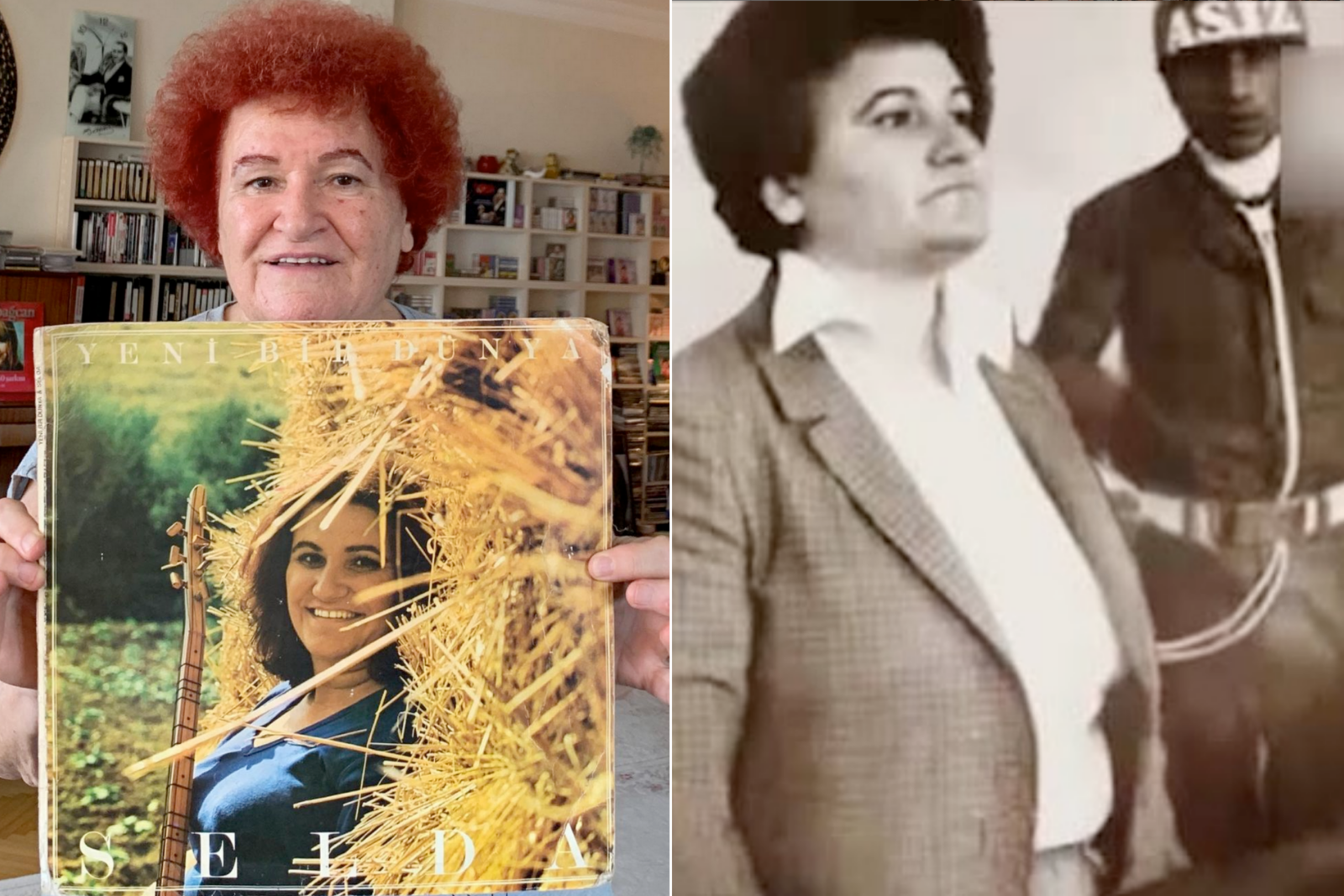 Selda Bagcan holding her own record (left) and Selda Bagcan's black and white photo documenting how she was jailed, interrogated and detained following the military coup in 1980