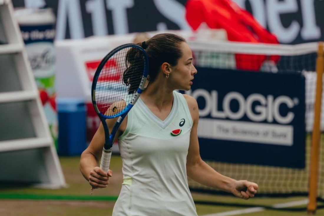 Turkish tennis player Zeynep Sonmez, wearing her signature watermelon badge, competes in the Berlin Ladies Open in Berlin, Germany, on June 19, 2024