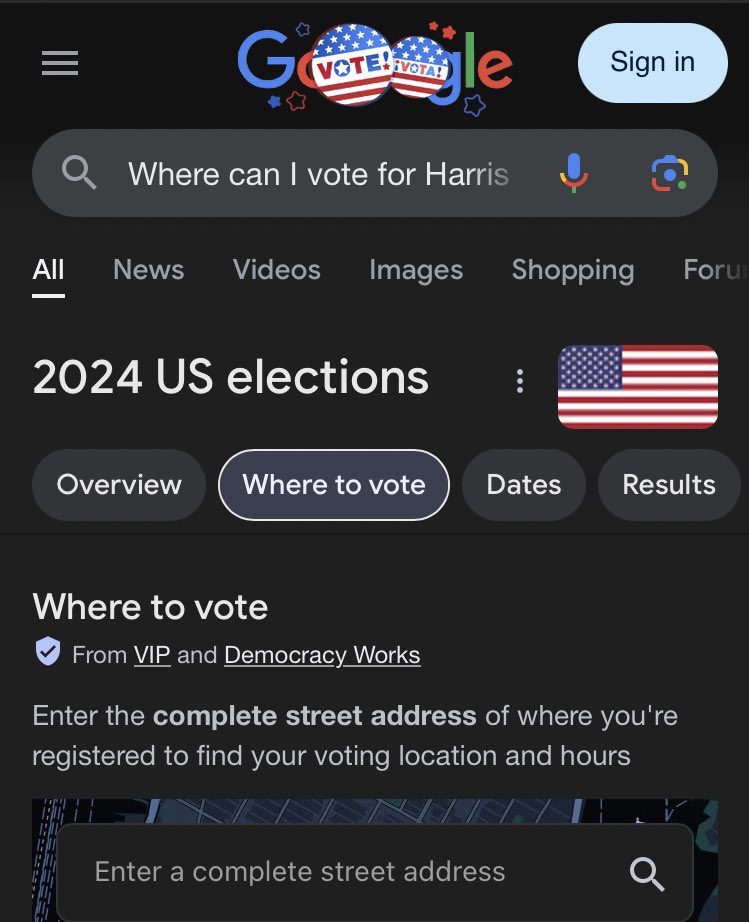 Google's search results for "Where to vote for Harris" and "Where to vote Trump" come up with answers