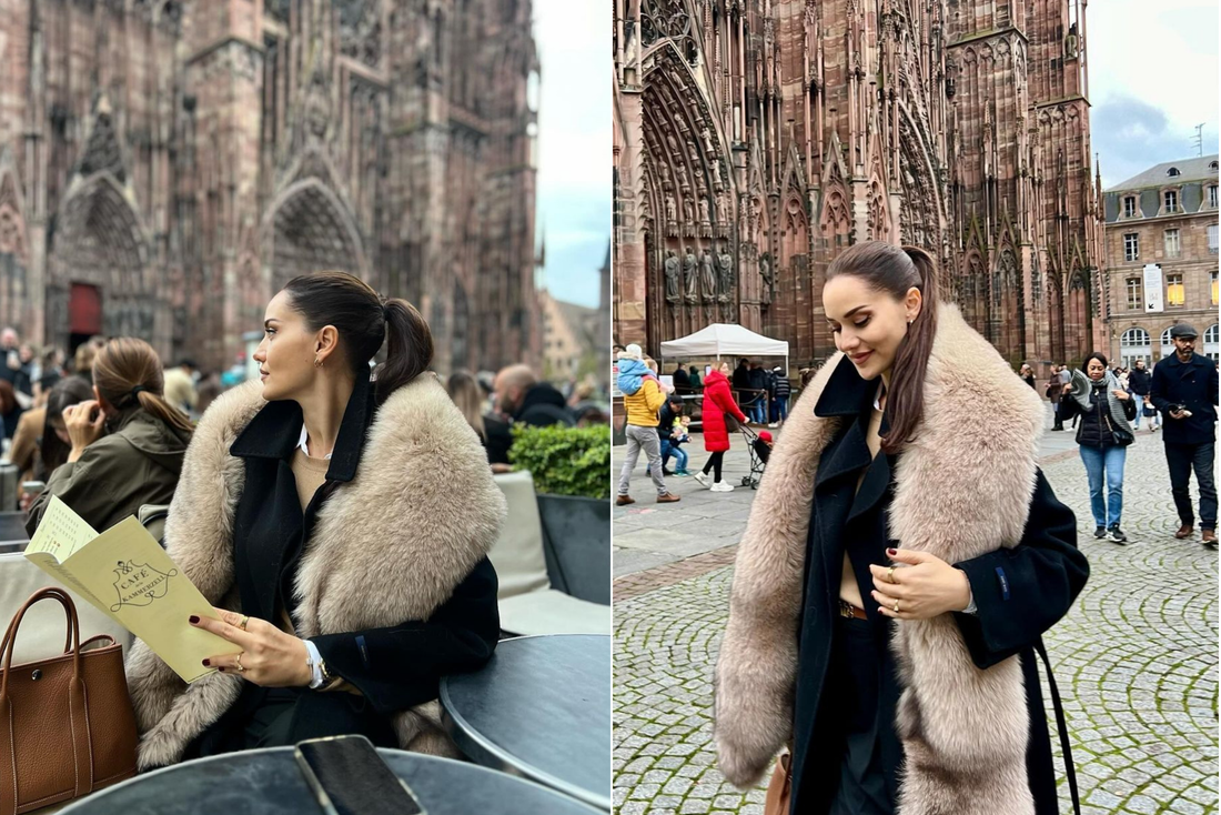 Turkish actor Fahriye Evcen enjoys a moment at a café in Strasbourg, France