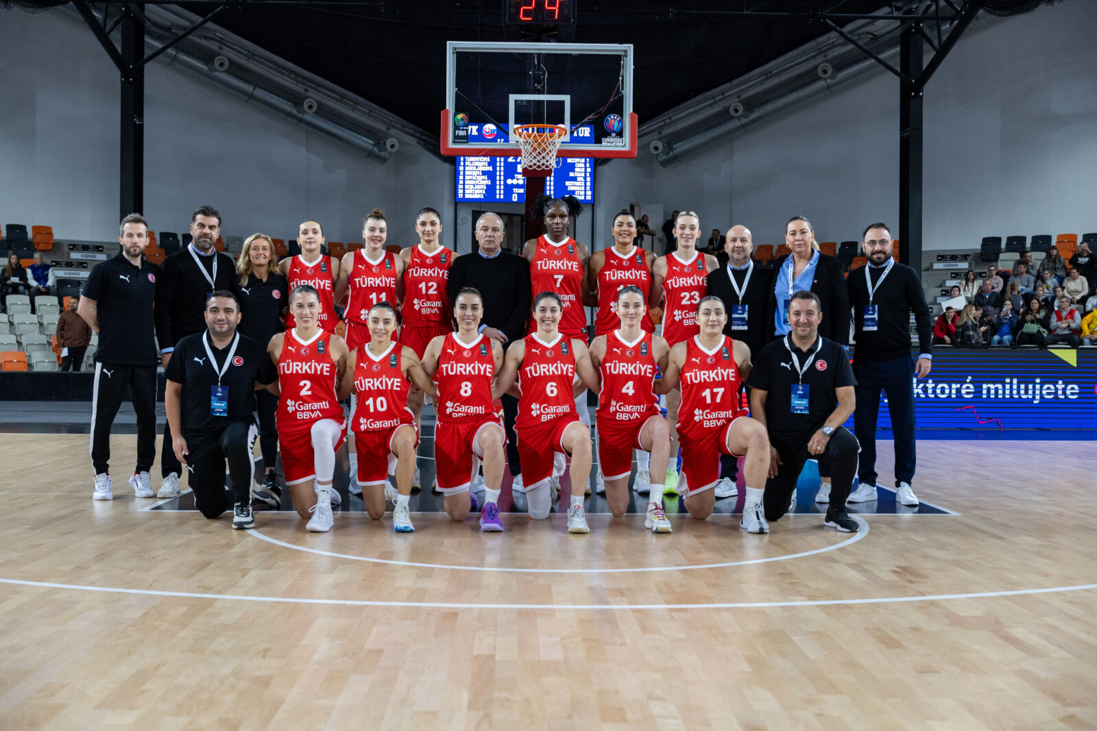 The Turkish women’s basketball team celebrates their victory over Slovakia, securing their EuroBasket 2025 spot