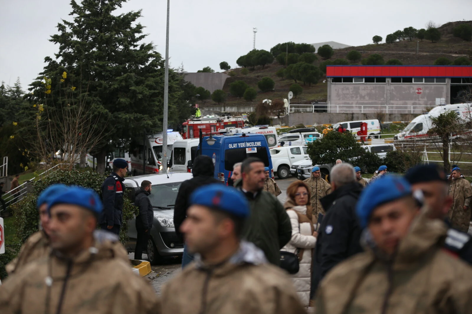 Soldiers and firefighters responding to an explosion at an explosives production facility in Balikesir, Türkiye, on December 24, 2024.