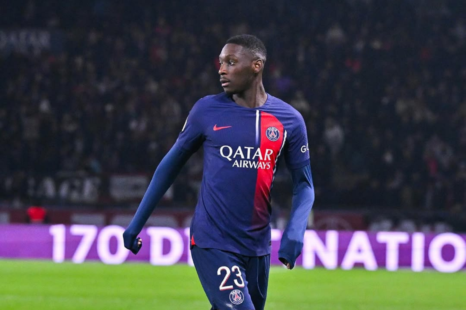 Kolo Muali of Paris Saint-Germain (PSG) in action during a match against Lyon