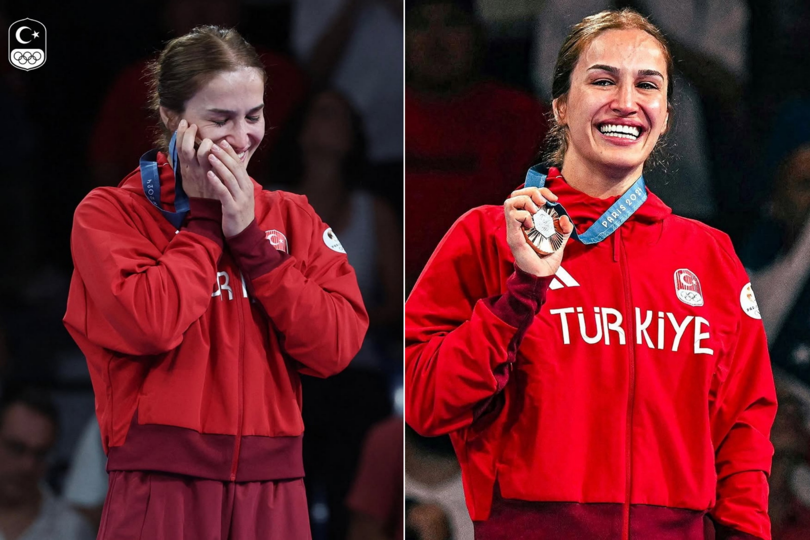 Buse Tosun Cavusoglu celebrates her bronze medal in the women's 68 kg freestyle wrestling competition at the Paris 2024 