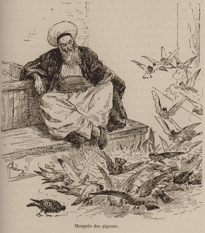 Pigeons near a Ottoman mosque are shown feeding from high water bowls, designed to prevent disturbance by other animals