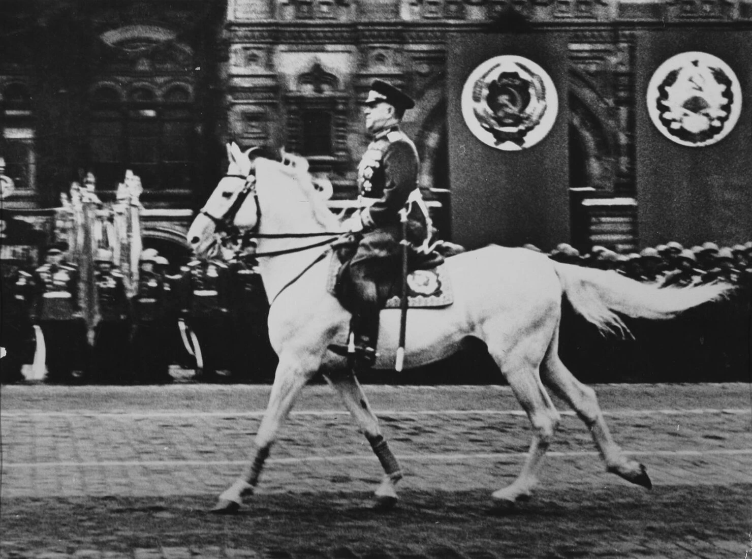 Marshal Zhukov riding a grey Akhal-Teke horse during the Moscow Victory Parade of 1945, symbolizing the breed’s enduring significance across political divides.