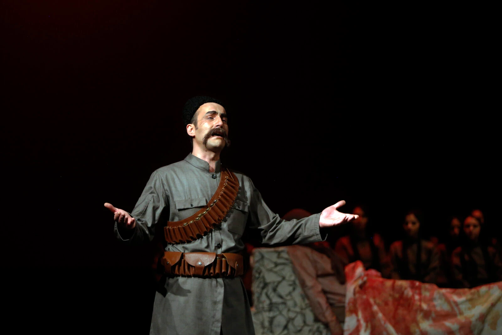 Theater actors perform the play "Settarhan Serdar-i Milli" in Turkish during the International Fajr Theater Festival in Tehran, Iran, on January 27, 2025.