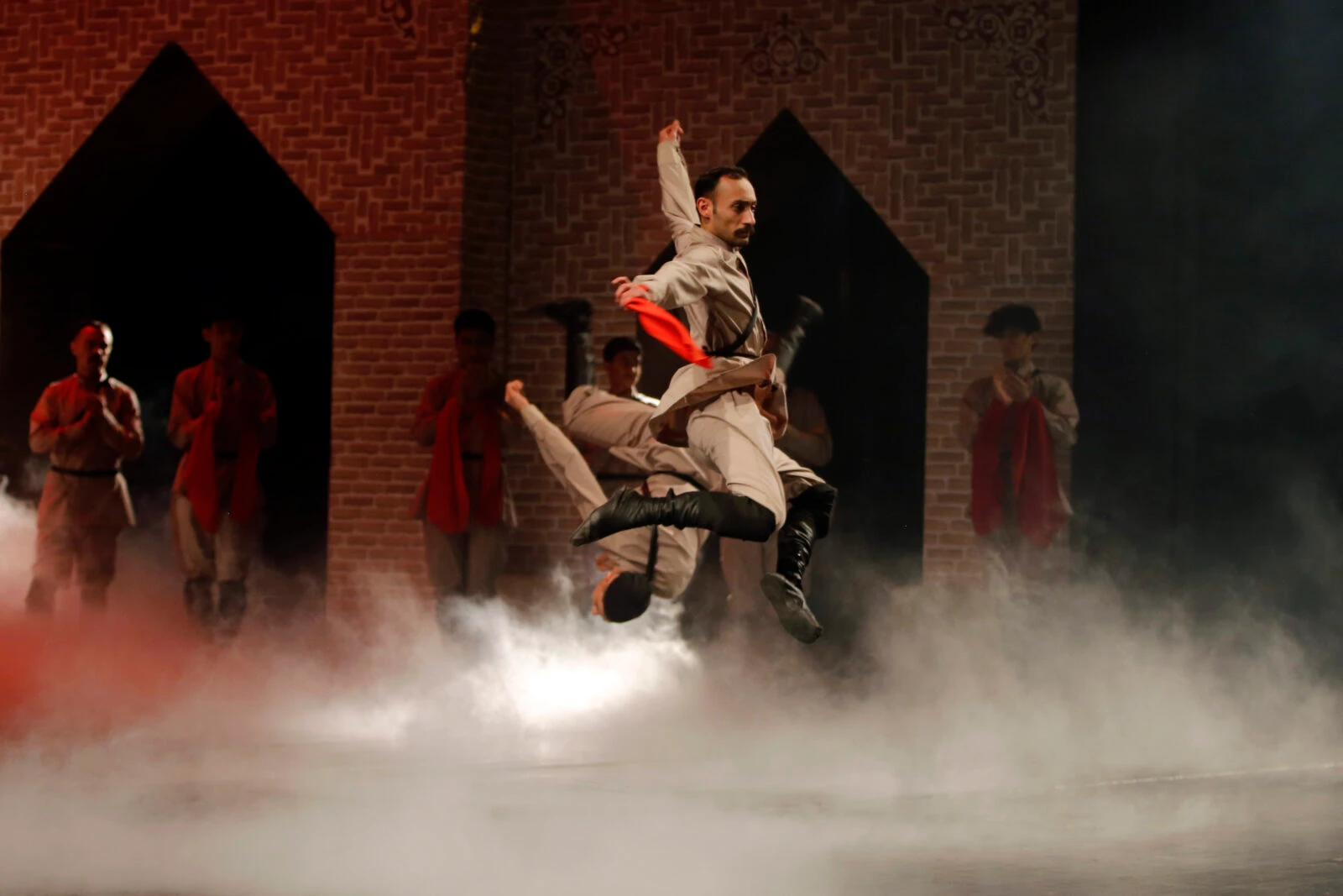 Theater actors perform the play "Settarhan Serdar-i Milli" in Turkish during the International Fajr Theater Festival in Tehran, Iran, on January 27, 2025.