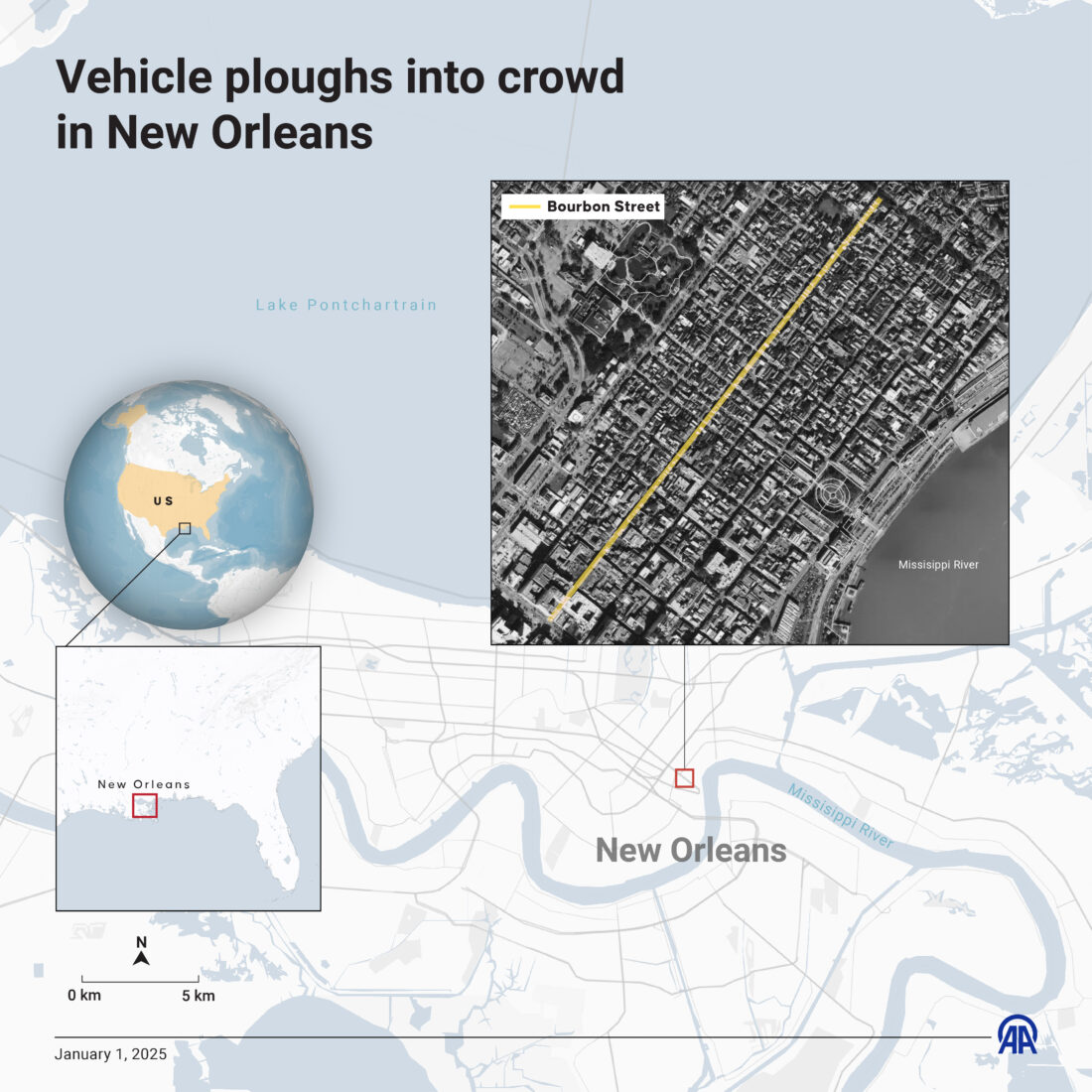 Mass casualty incident strikes Bourbon Street in New Orleans, US