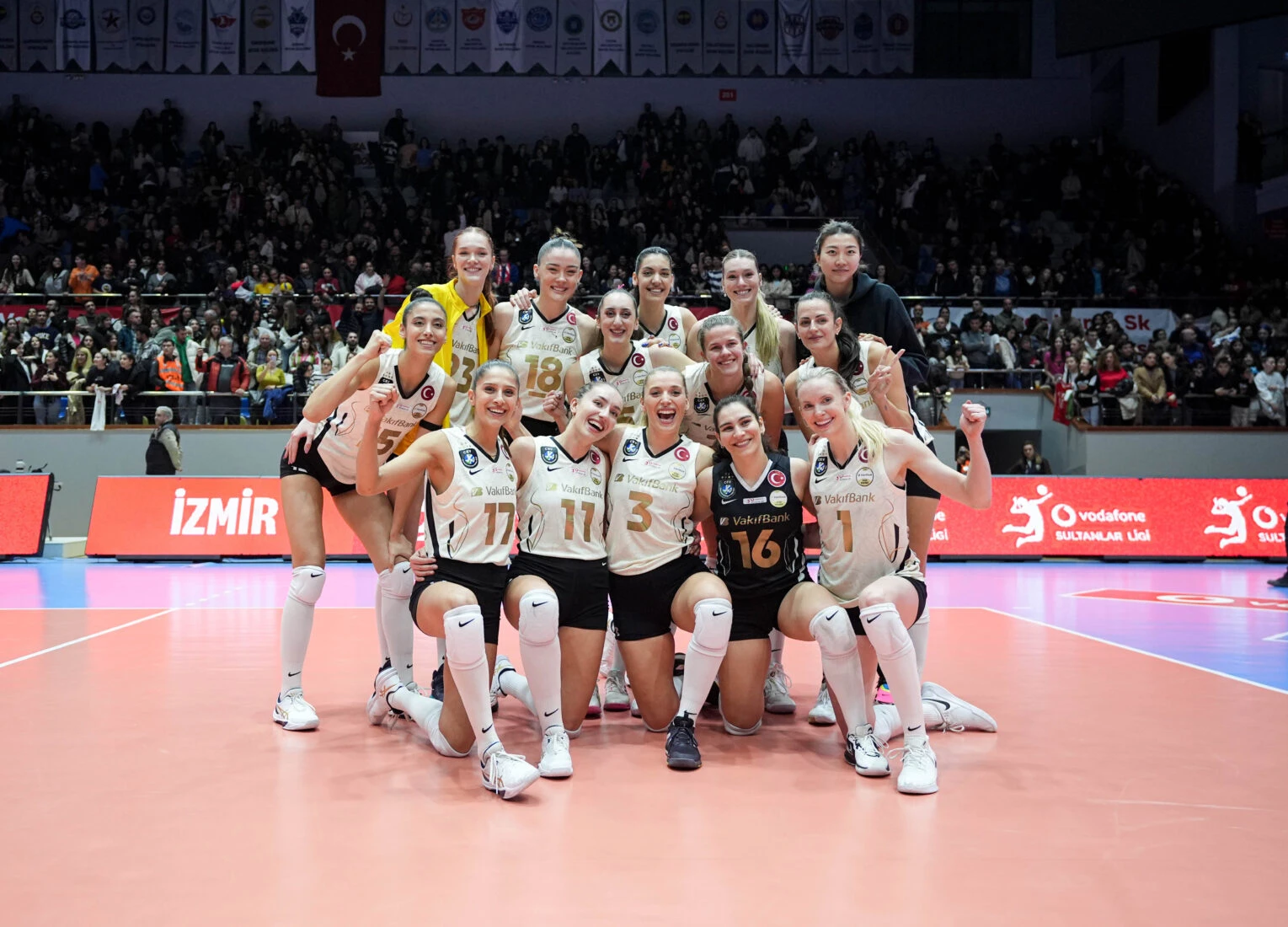 VakifBank players pose for a victory photo after their Vodafone Sultanlar Ligi 16th week match