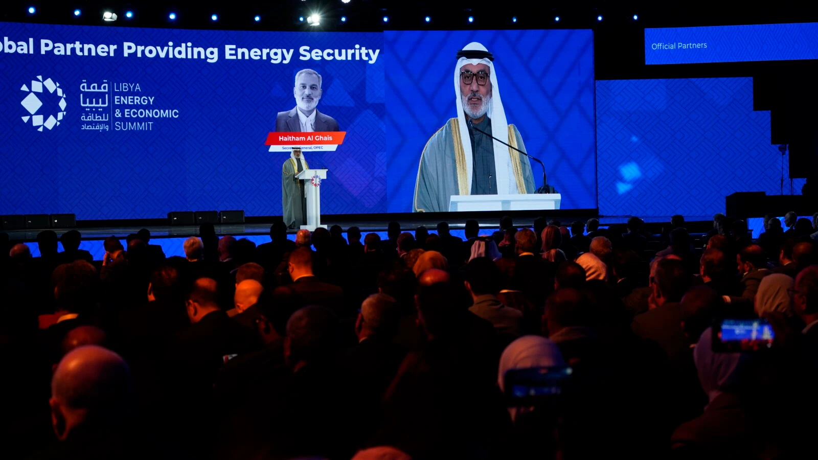 Photo shows crowd of Libya Energy and Economic Summit as OPEC Secretary General Haitham Al-Ghais makes a speech