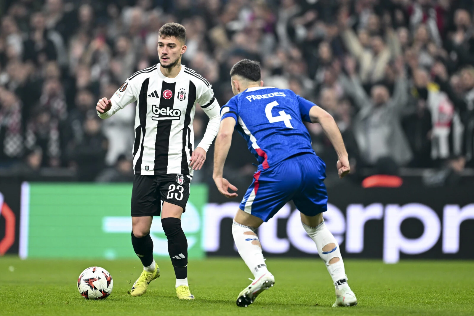 Ernest Muci (23) of Besiktas in action against Aitor Paredes (4) of Athletic Bilbao during the UEFA Europa League 7th week match against Besiktas at TUPRAS Stadium in Istanbul, Türkiye on January 22, 2025. (AA Photo)