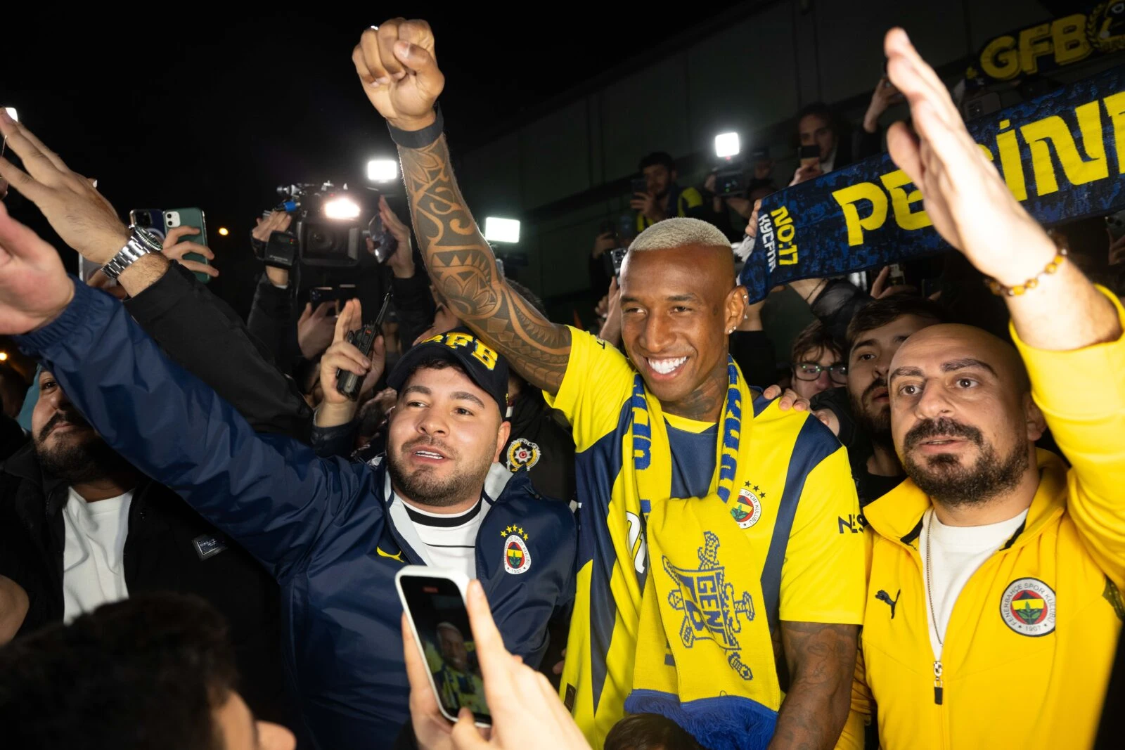 Brazilian footballer Anderson Talisca is welcomed by Fenerbahçe fans at Istanbul Airport on January 27, 2025, as he arrives for his transfer to the Turkish football club.