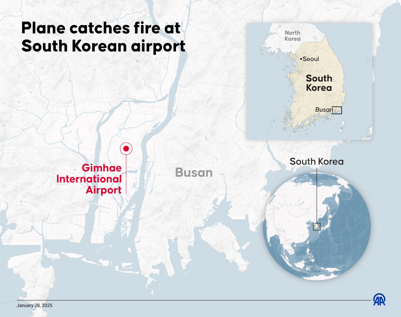 An infographic shows the location of plane fire at South Korean airport.