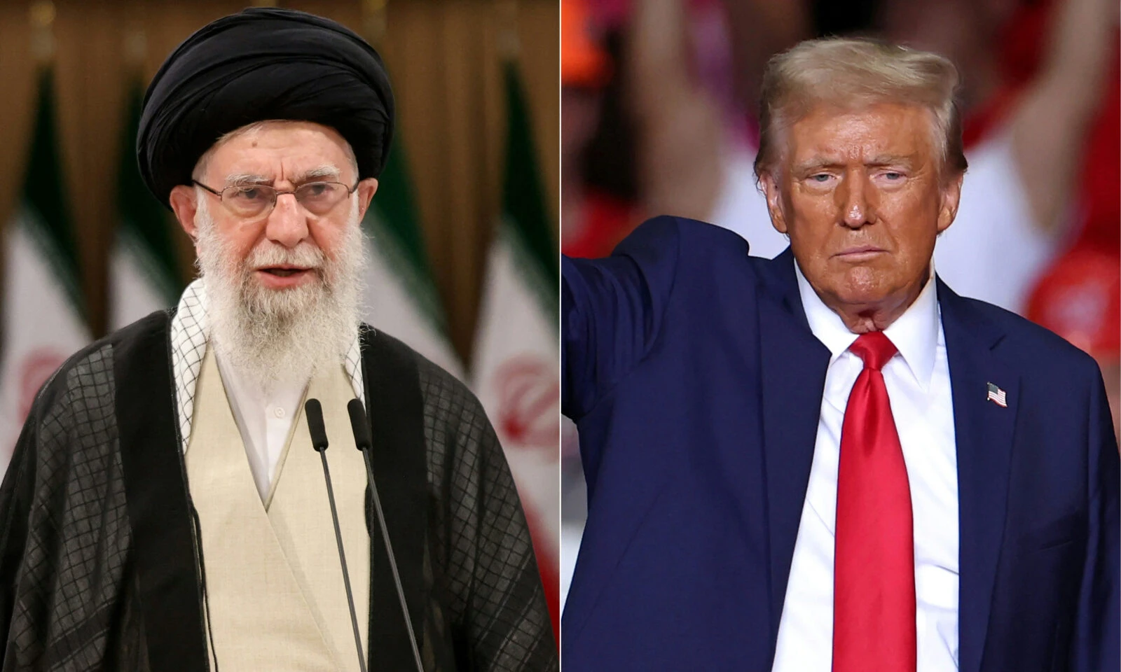 Photo shows a combination picture of Iran's supreme leader Ali Khamenei (L) speaks after casting his ballot during the runoff presidential election in Tehran on July 5, 2024, and US President Donald Trump (R) waves at supporters at the end of a campaign rally