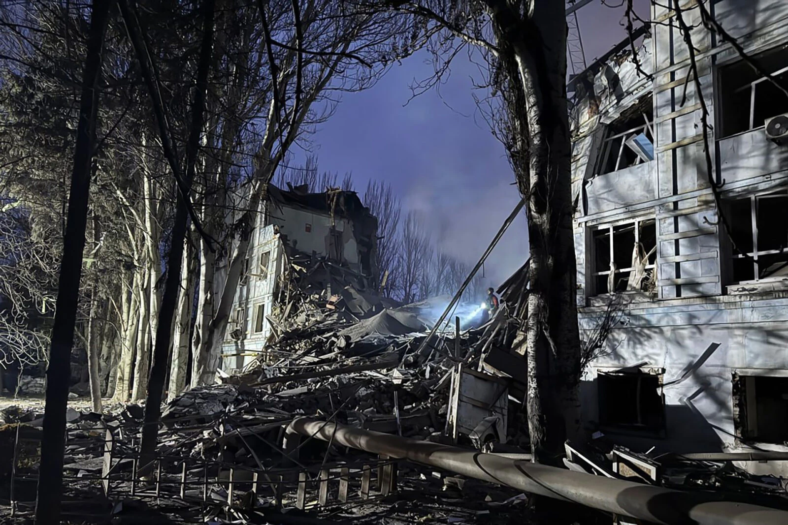 A destroyed building in Zaporizhzhia, Ukraine, seen after a rocket attack on January 18, 2025, amid the Russian invasion