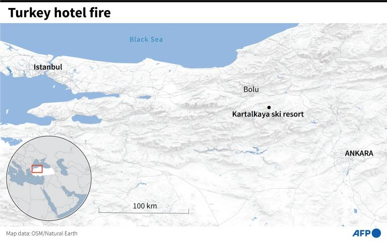 Map locating Kartalkaya ski resort in northern Turkey where fire killed dozens of people on Tuesday as it ripped through a hotel. (AFP Photo)