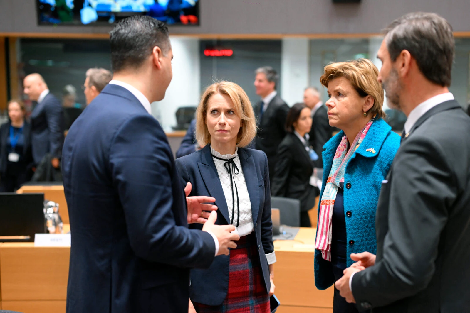 Commissioner for Foreign Affairs and Security policy Kaja Kallas listens 