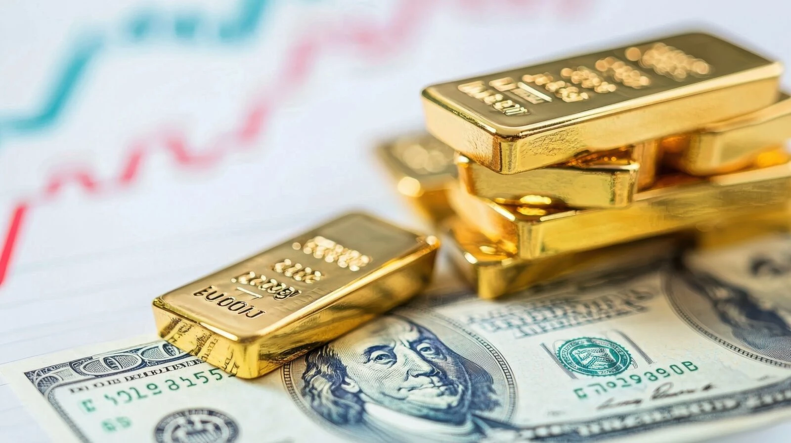 File photo shows a stack of gold bars placed on top of a U.S. hundred-dollar bill, with a blurred financial chart in the background. (Adobe Stock Photo)