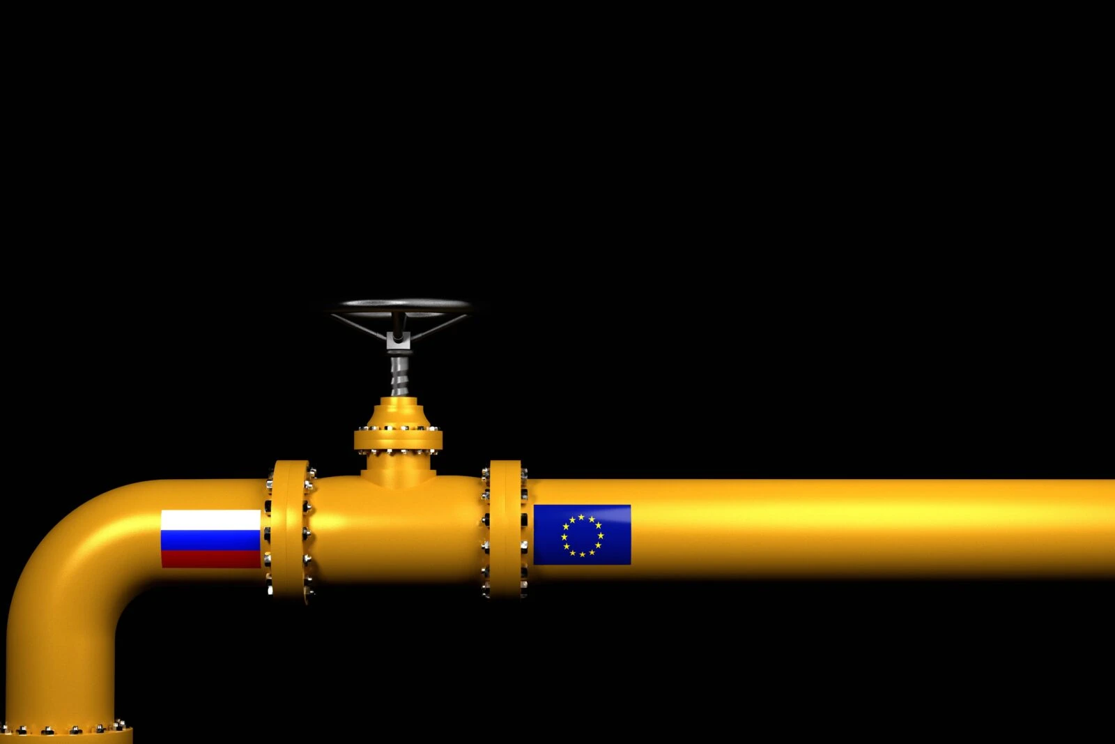 The gas pipeline with flags of Russia, Ukraine and EU.