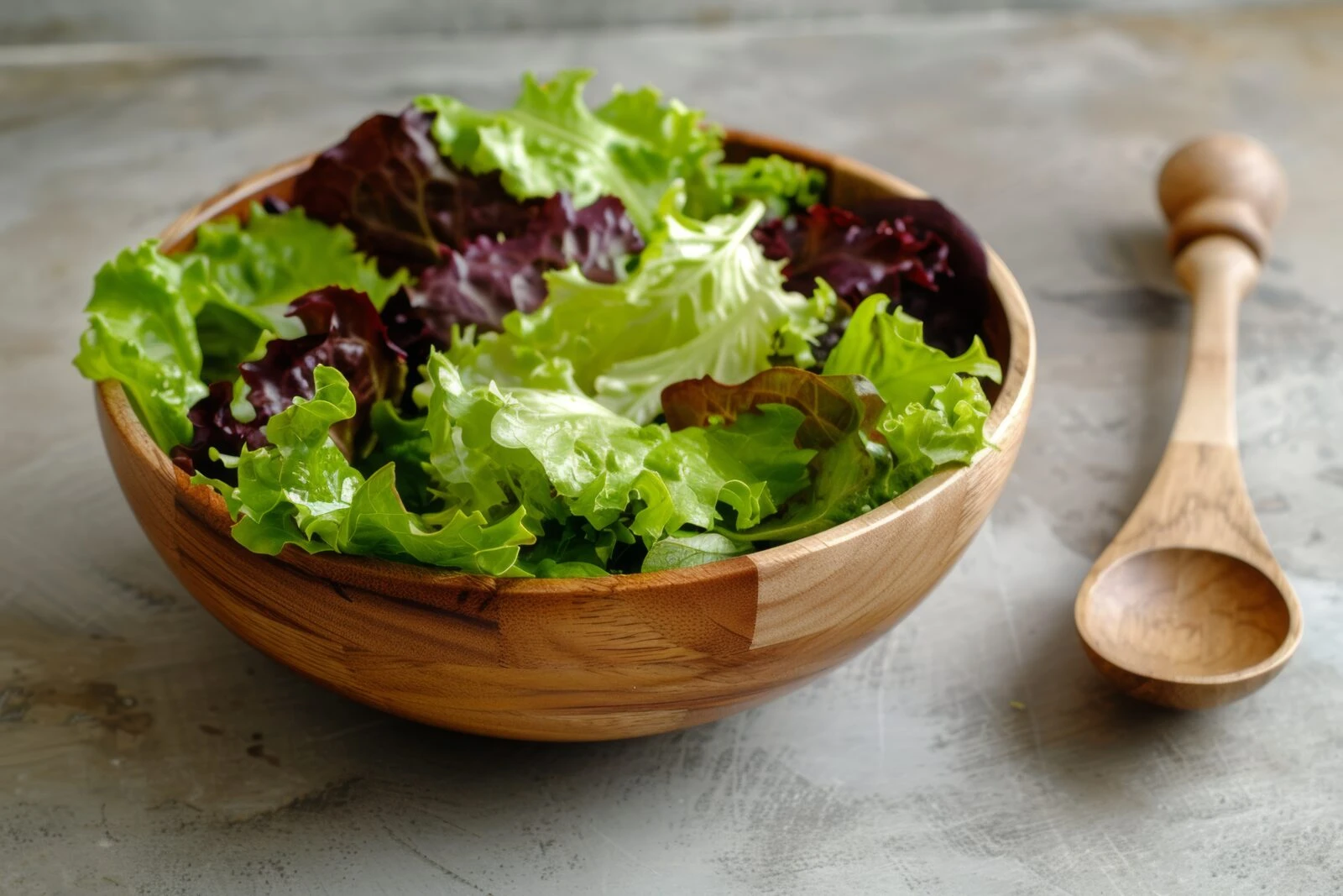 A close-up of fresh lettuce placed in an ancient wooden bowl, resting on a rustic wooden table.