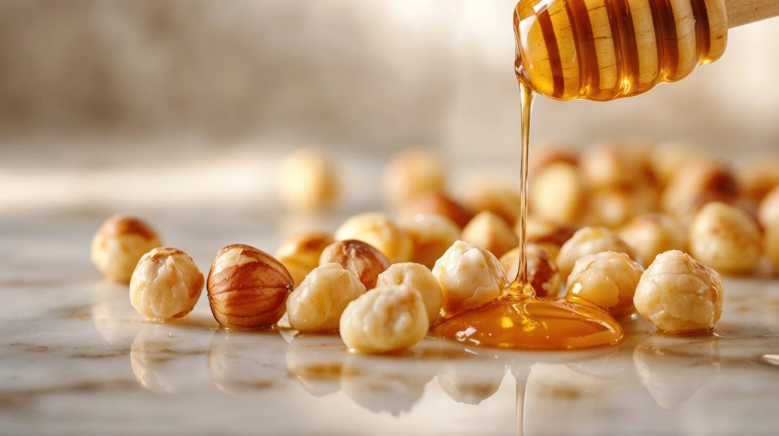 A close-up shot of hazelnuts drizzled with honey, placed on a smooth marble surface, showcasing the natural textures of both the nuts and the marble.