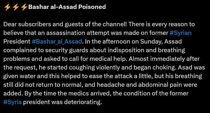 Unverified reports claim poisoning attempt on Syria's ousted leader Assad in Moscow