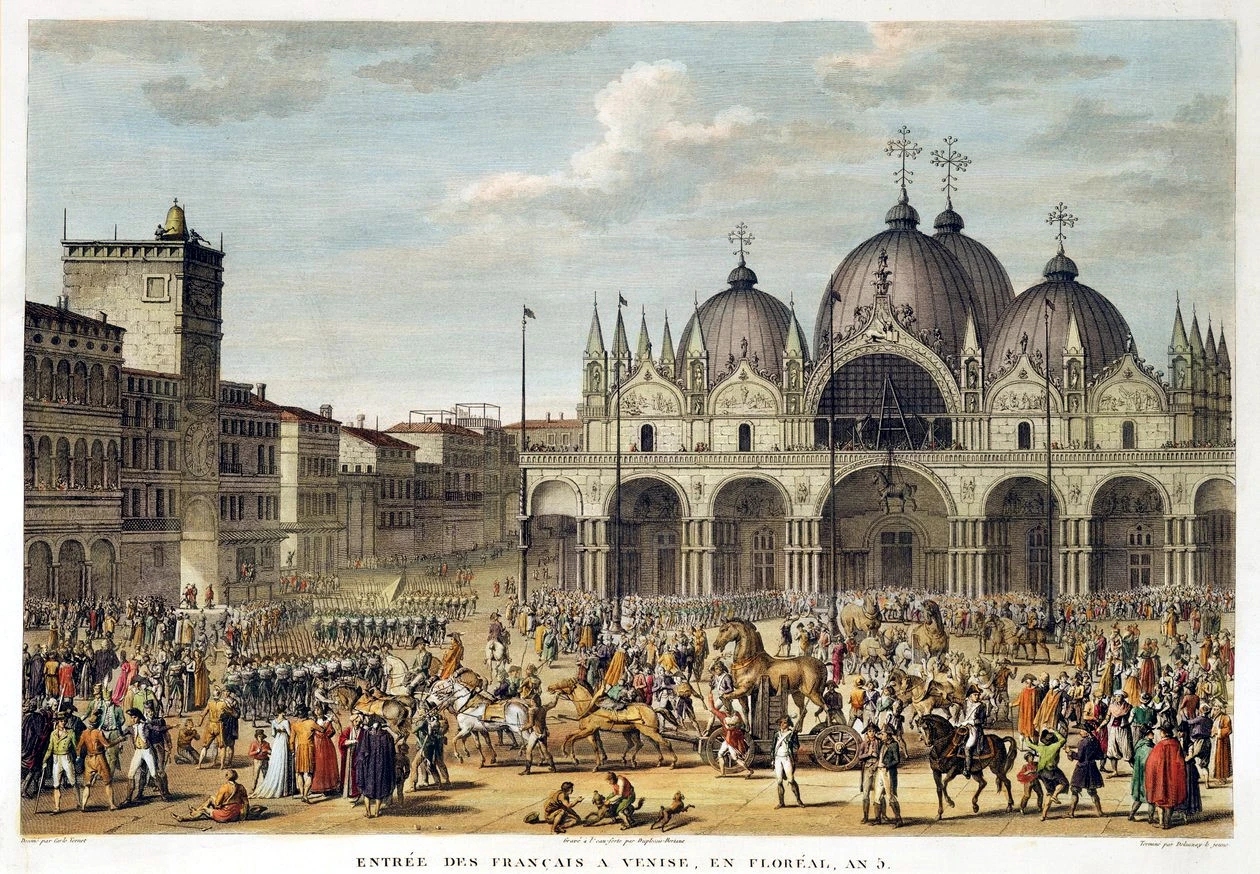 French forces entering Venice, with the removal of the famous horses from the Basilica of Saint Mark, depicted in an engraving by Jean Duplessis-Bertaux after Carle Vernet.