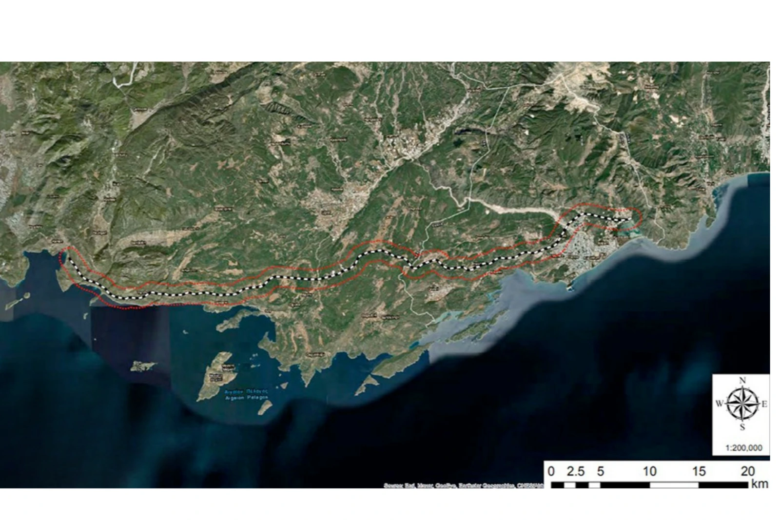 Map showing the proposed Türkiye's Finike-Kalkan highway route and the review area