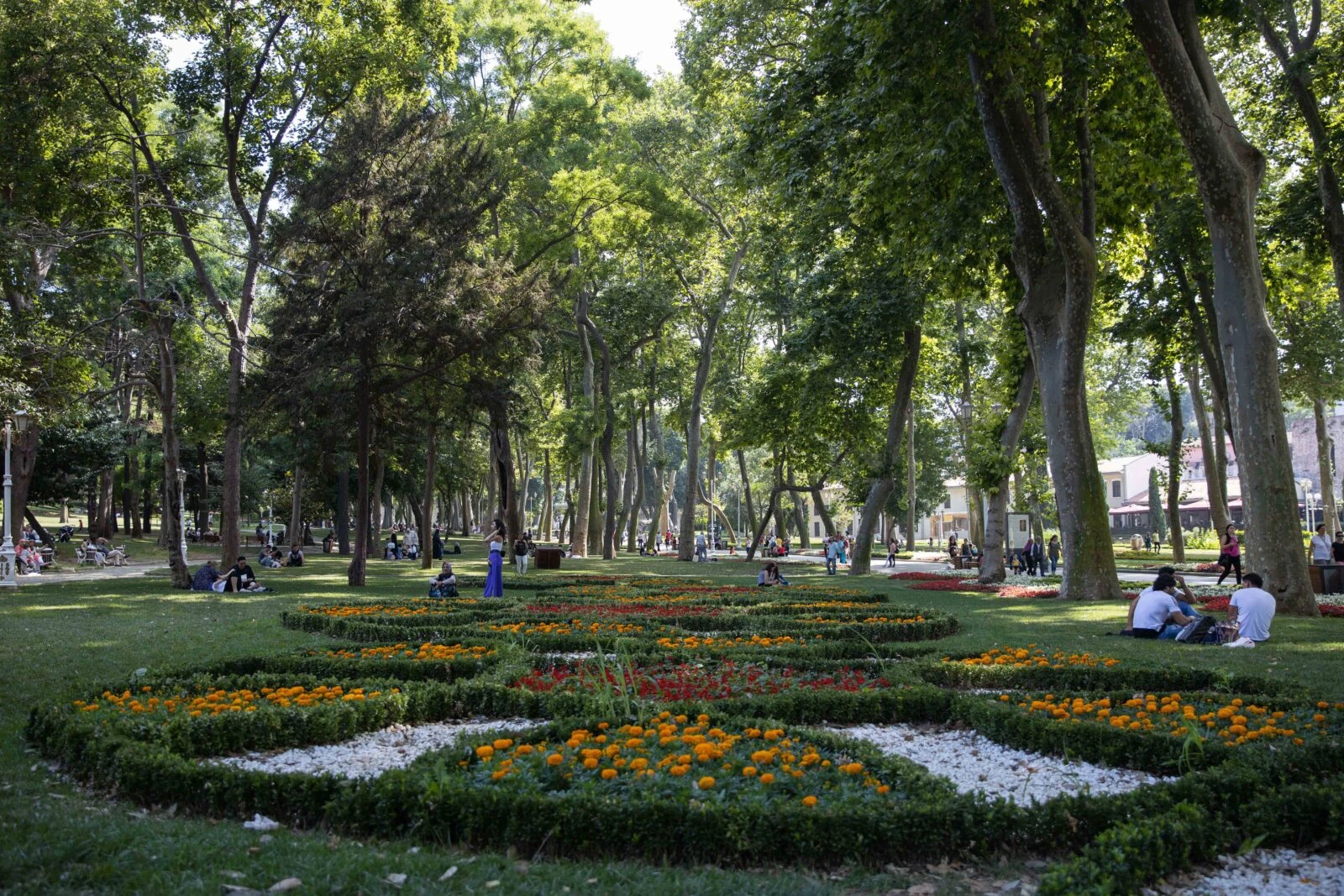 A scenic view of Gulhane Park in Istanbul, Türkiye, showcasing lush greenery, walking paths, and historic surroundings.