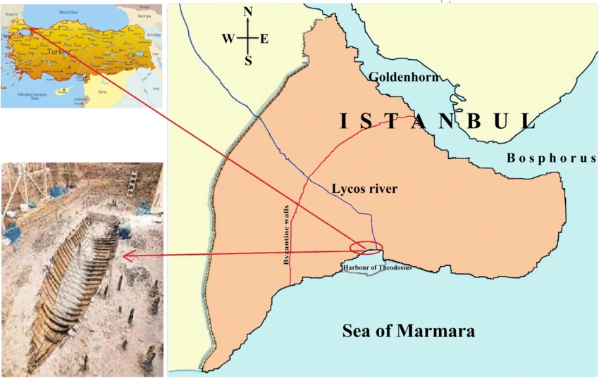 A historical map showing the location of the ancient and modern Theodosius Harbour (Yenikapı) in Istanbul. tsunami