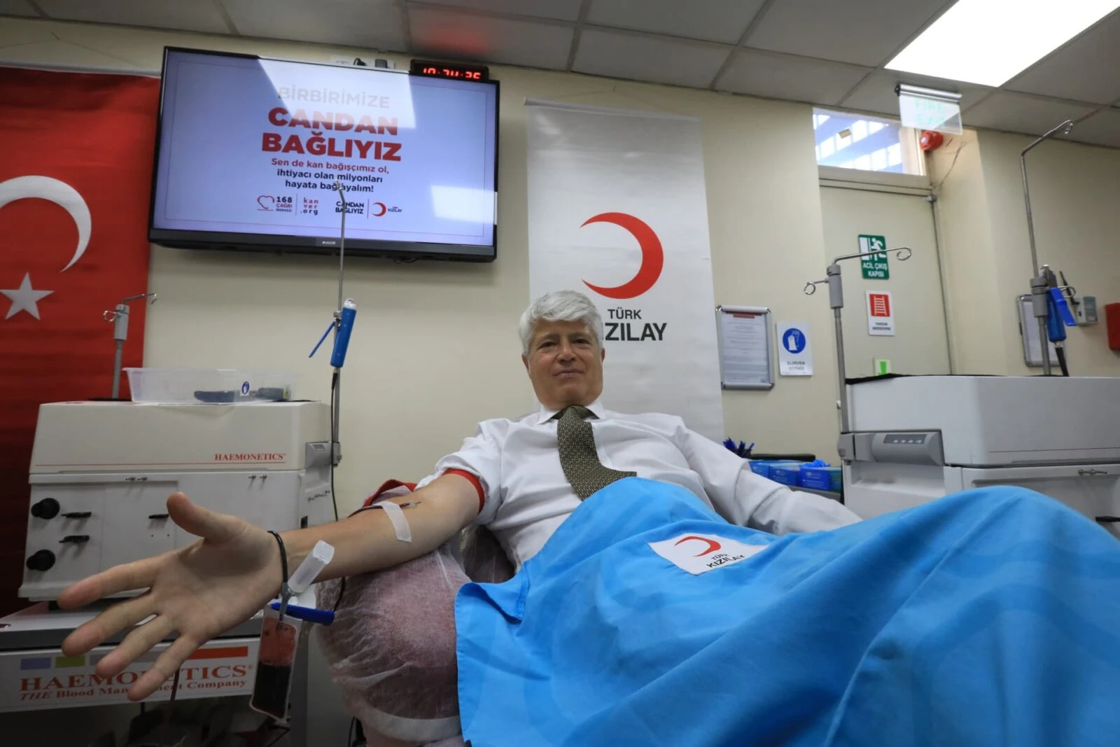 Switzerland's Ambassador to Ankara, Guillaume Scheurer donates blood at a Turkish Red Crescent center as part of a nationwide campaign encouraging blood donations, in Türkiye, on Jan. 28, 2025.