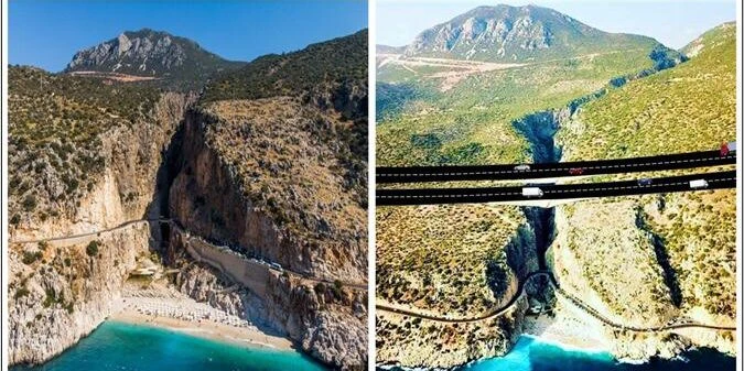 A comparison of Antalya's Kaputas Beach, showing its pristine natural beauty versus the potential impact of the Finike-Kalkan highway development