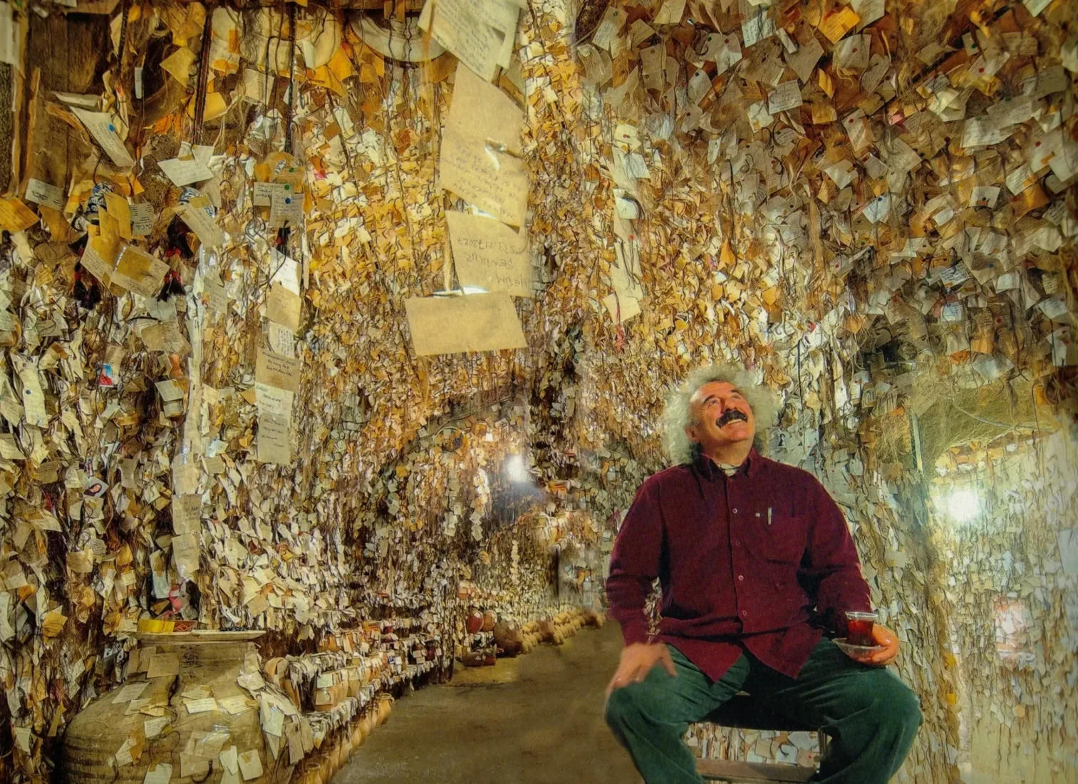 A view of the unique Chez Galip Hair Museum in Avanos, Cappadocia, showcasing its collection of locks of hair from visitors.