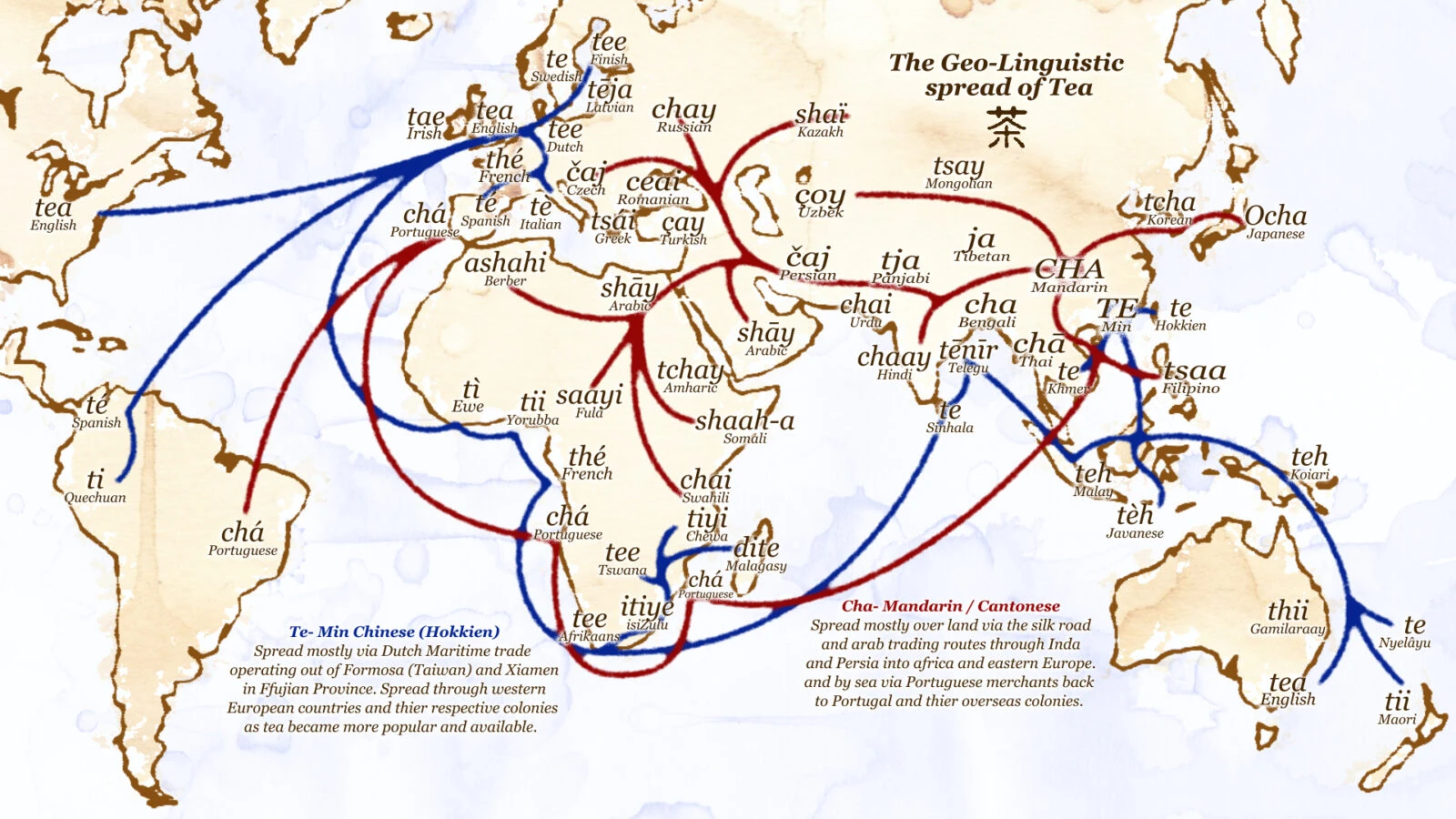 The Geo-Linguistic spread of tea. "Tea" if by sea; "Chai" if by land. (Map via X)