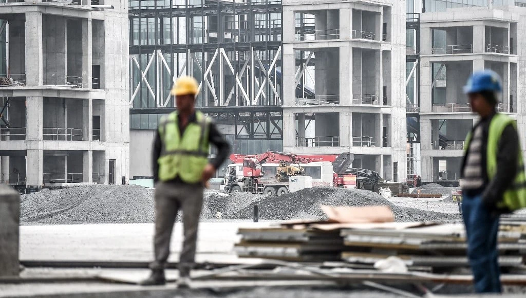 A partially constructed terminal building at Istanbul New Airport, captured during a press tour on April 13, 2018, in northern Istanbul.