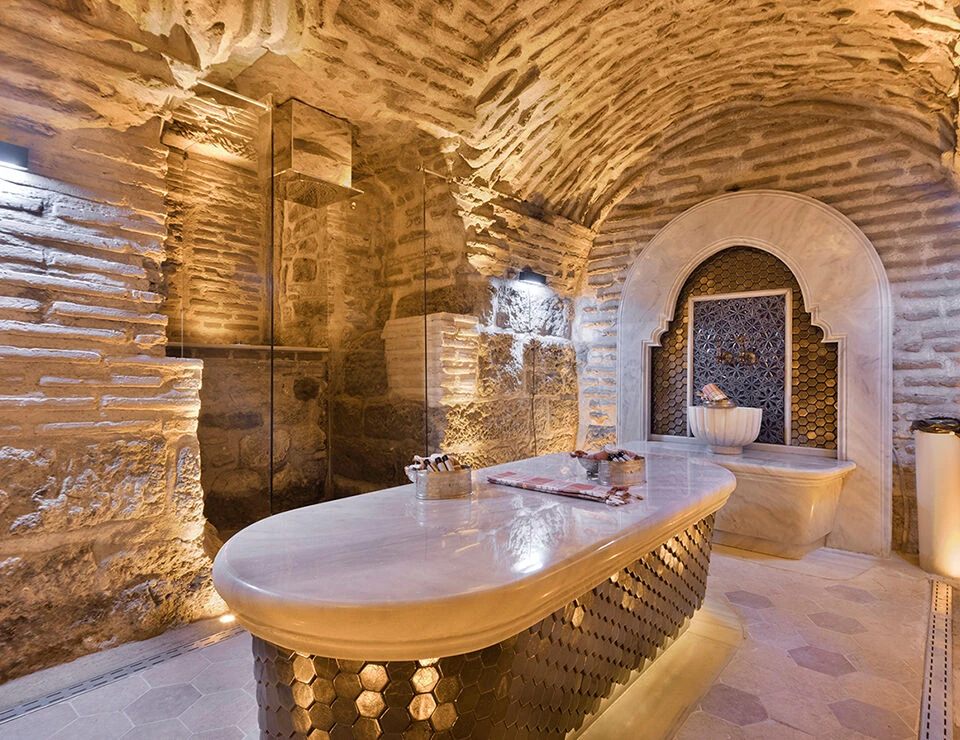 A 1,500-year-old cistern near Hagia Sophia in Istanbul, repurposed as a massage parlor, Turkish bath, and pool.