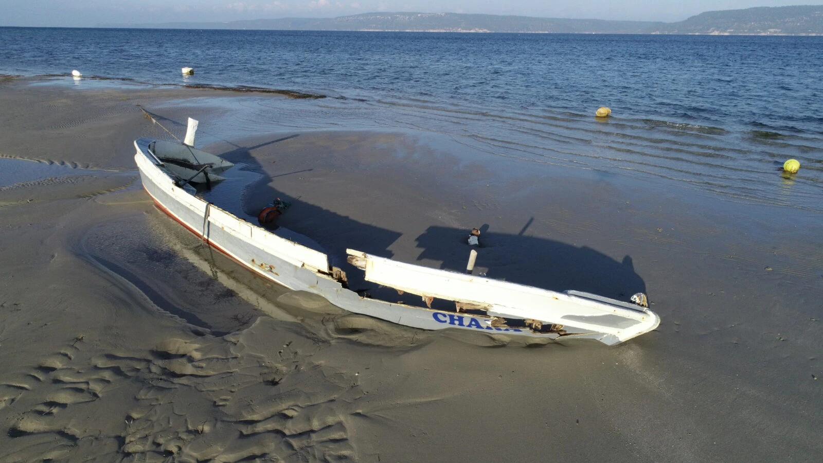 Aerial view of sea water receding at Guzelyali and Dardanos beaches in Çanakkale, Türkiye, on February 10, 2025.