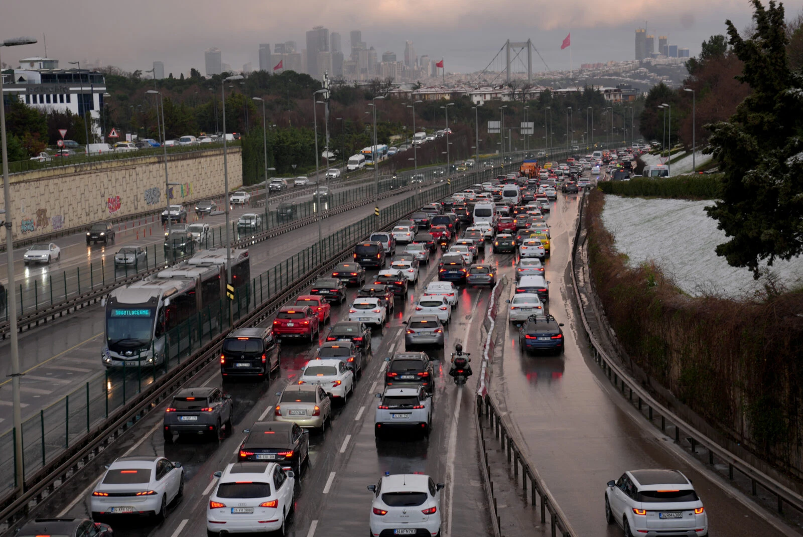 Cars lined up in traffic in Istanbul after snowfall