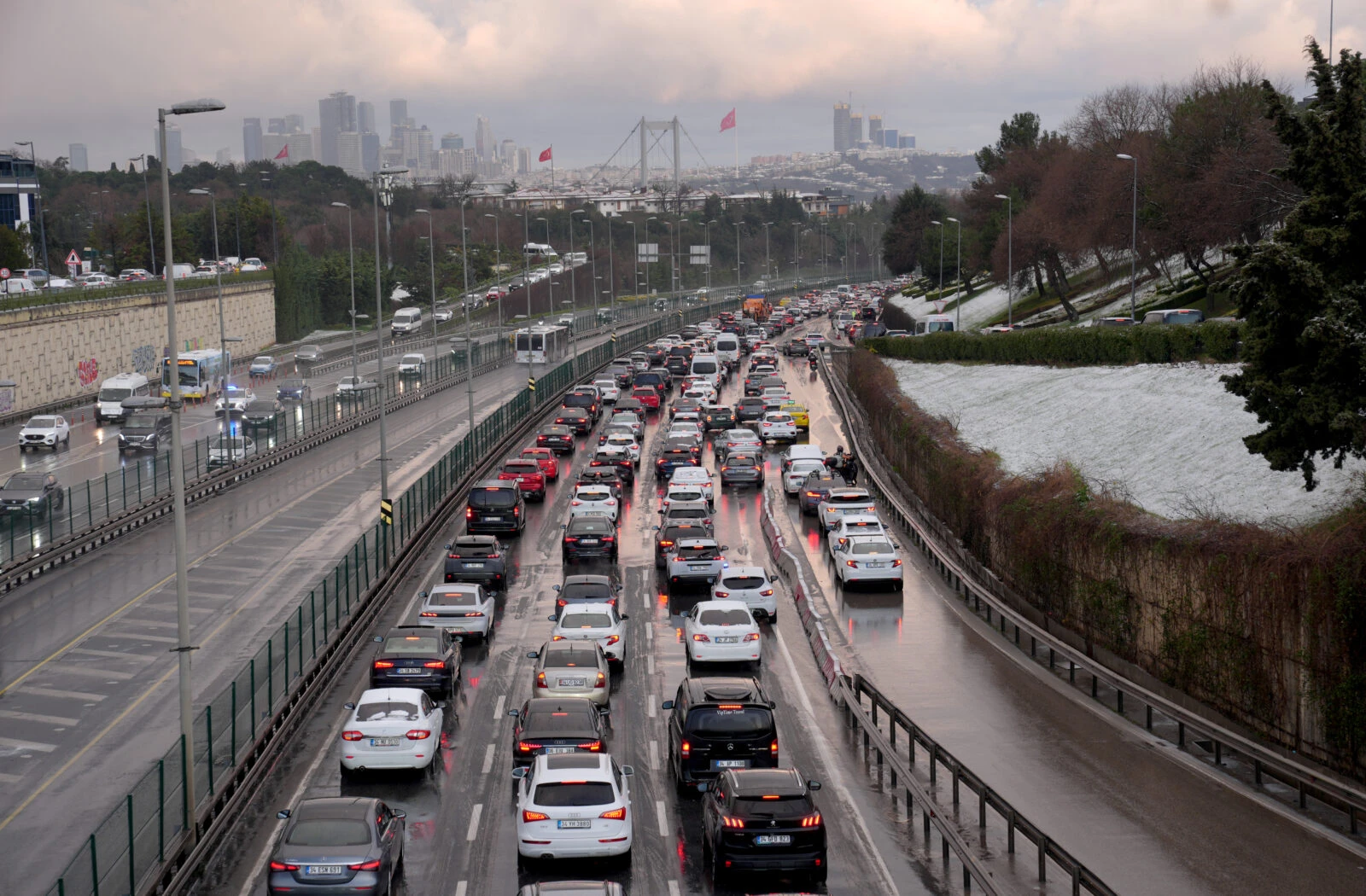 Cars lined up in traffic in Istanbul after snowfall