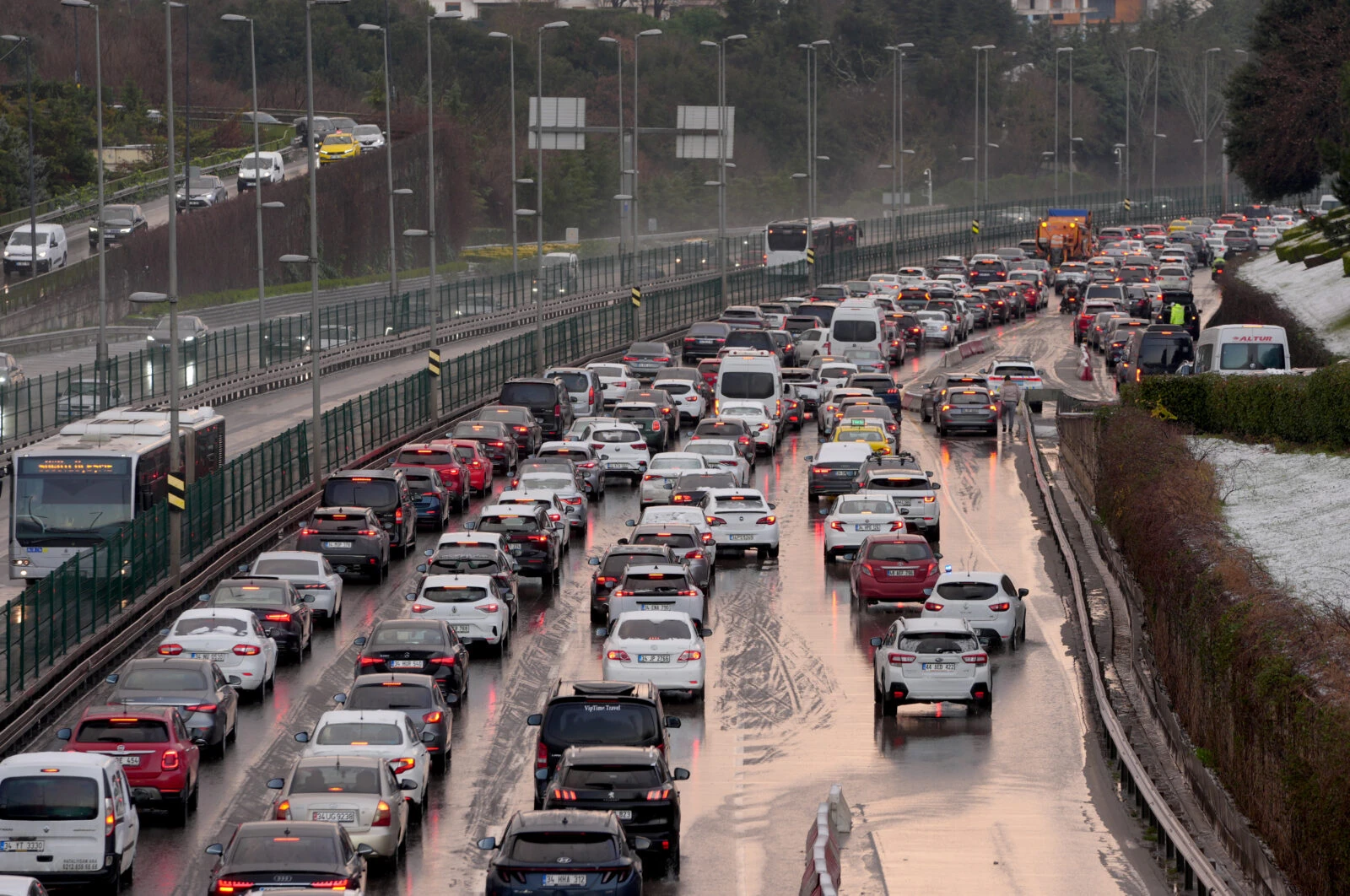 Cars lined up in traffic in Istanbul after snowfall