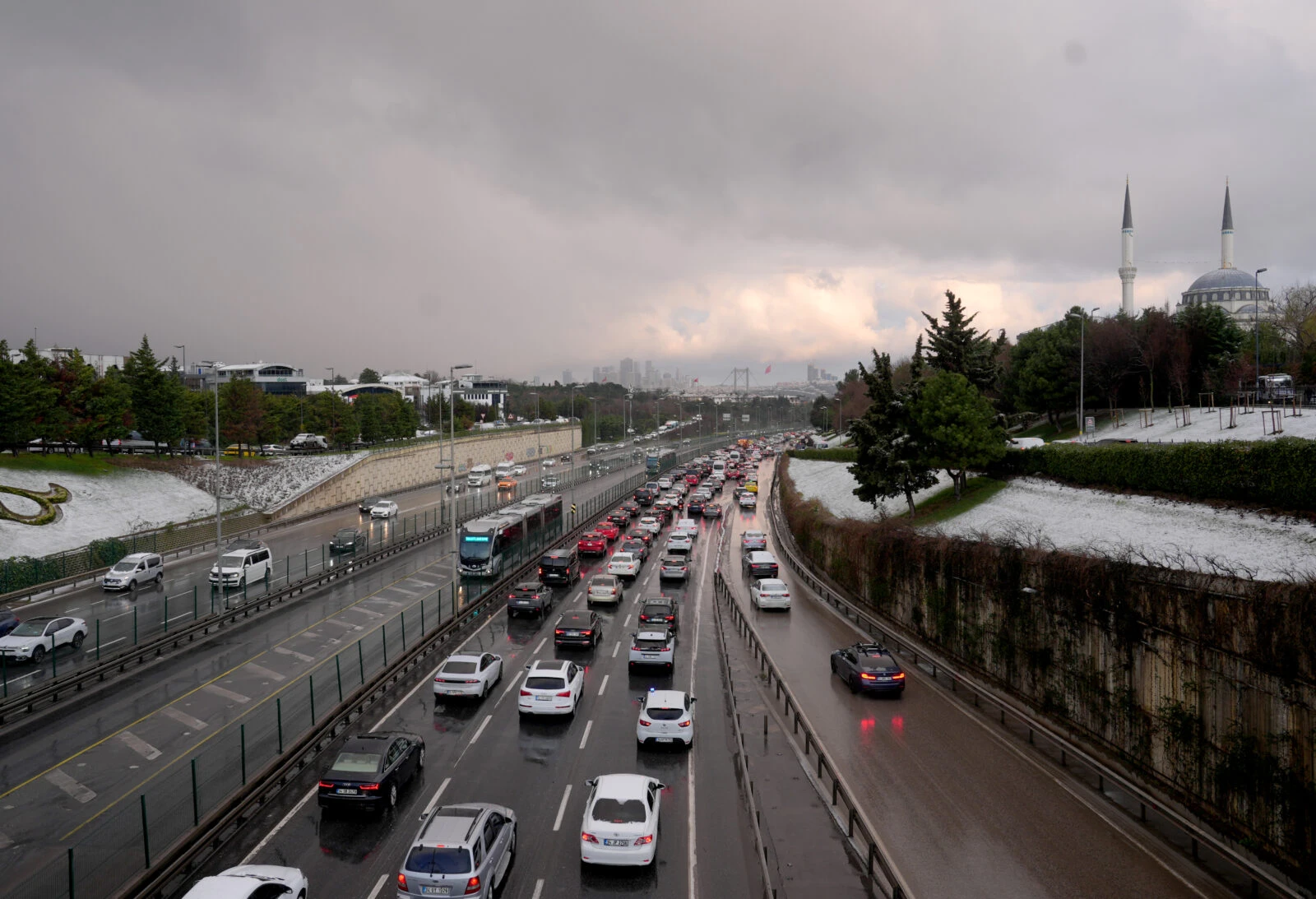 Cars lined up in traffic in Istanbul after snowfall