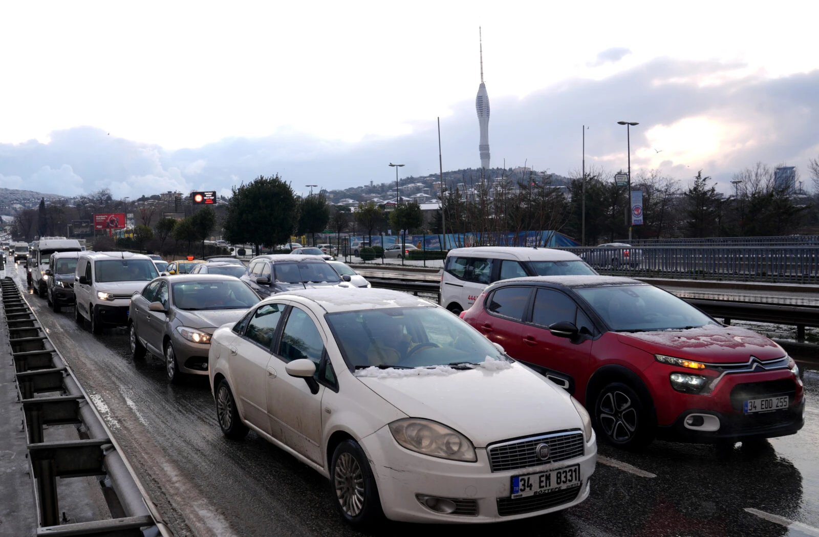 Cars lined up in traffic in Istanbul after snowfall