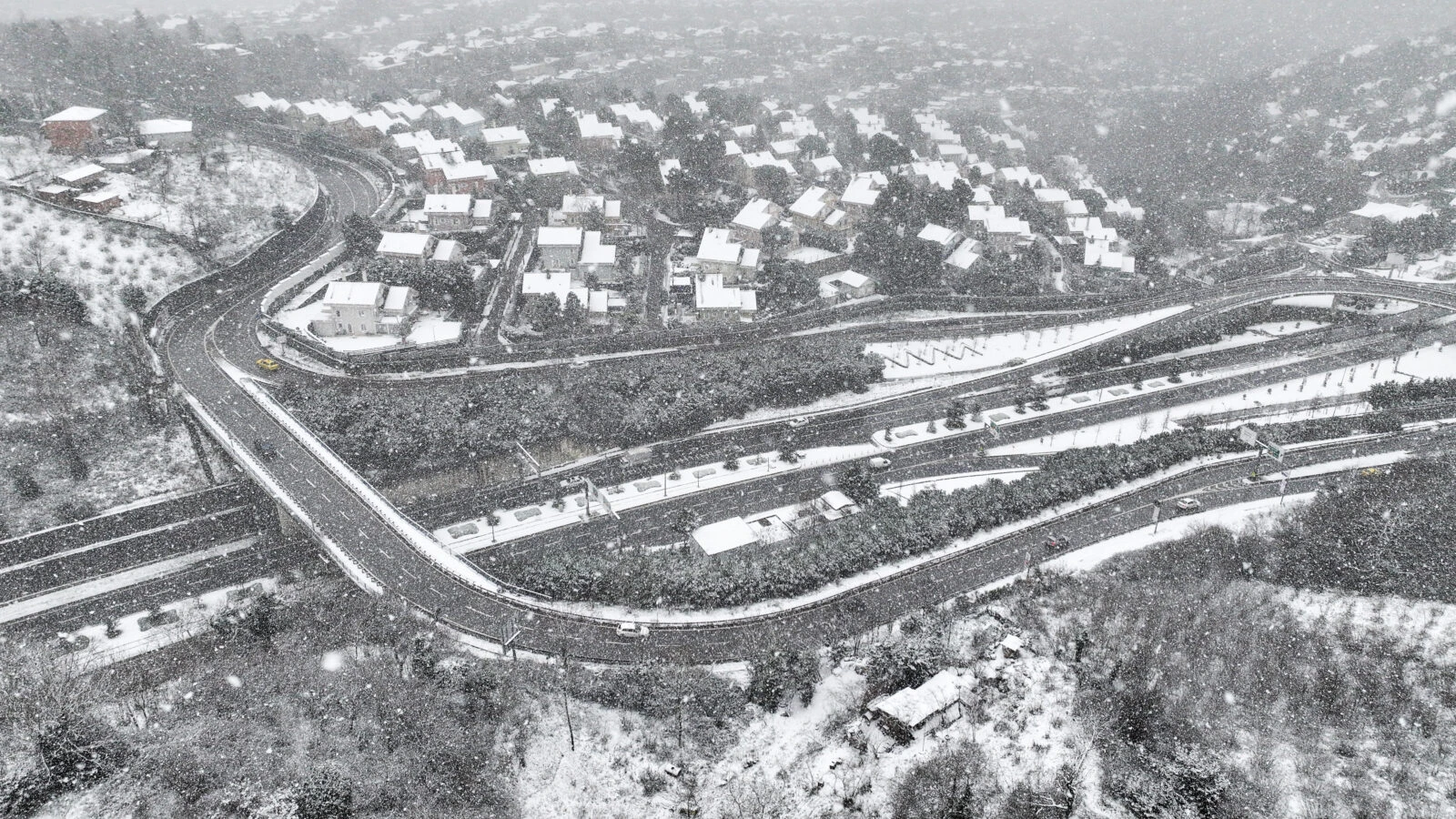 An aerial view of a district affected by snowfall in Istanbul