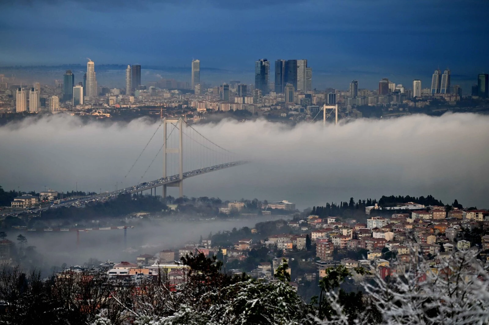 Thick fog covers the Bosphorus and its surroundings, creating low visibility as it intensifies overnight