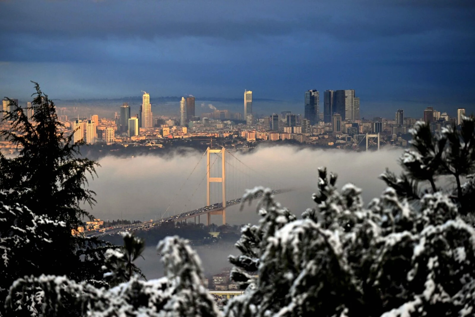 Thick fog covers the Bosphorus and its surroundings, creating low visibility as it intensifies overnight